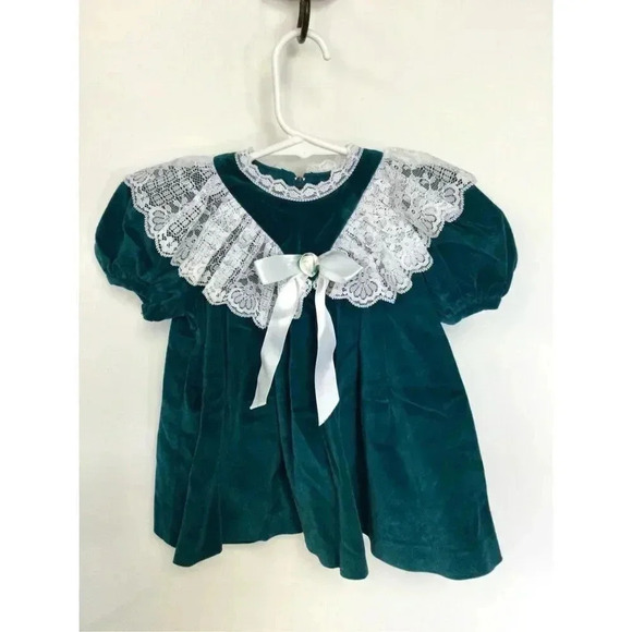 Good Lad Of Philadelphia Kids Teal Green Puffed Sleeves Velvet Lace Dress 2T vin - Picture 1 of 8